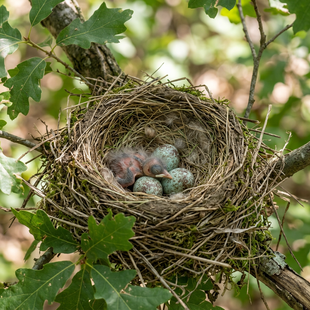 Nest with a baby bird and three speckled eggs on a tree branch